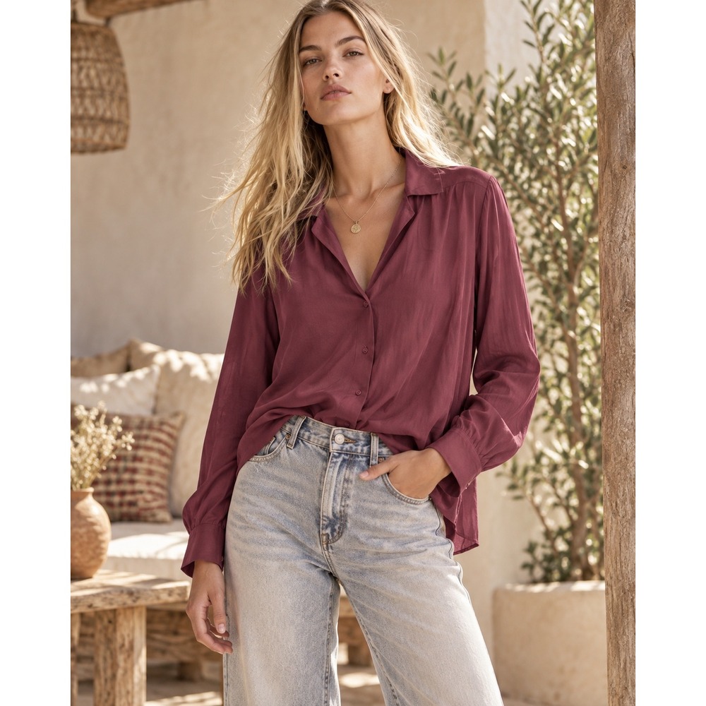 Quince Women Silk Spandex Button Down Blouse Burgundy Wine Long Sleeve Large